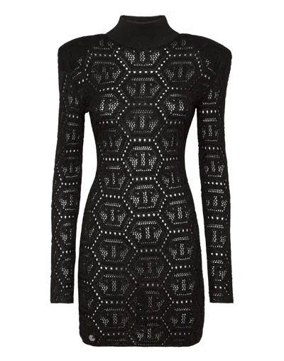 Philipp Plein Lurex Padded Shoulder Mini Dress Hexagon In Black