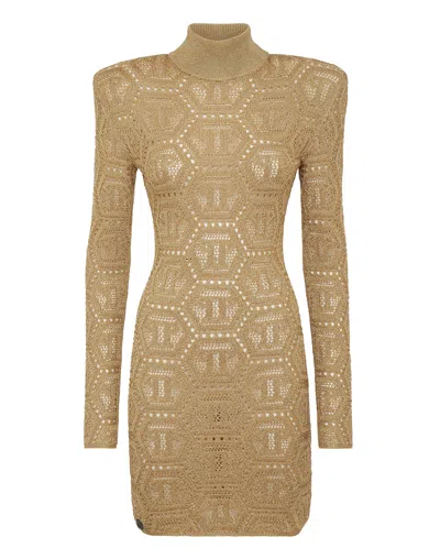 PHILIPP PLEIN LUREX PADDED SHOULDER MINI DRESS HEXAGON