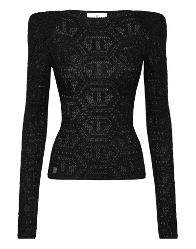 Philipp Plein Lurex Padded Shoulder Sweater Hexagon In Black