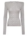 Philipp Plein Lurex Padded Shoulder Sweater Hexagon In Silver