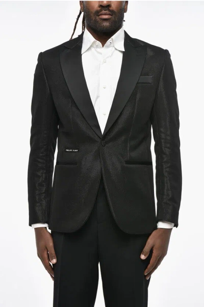Philipp Plein Lurex Peak Lapel Lord Fit 1-button Blazer In Black