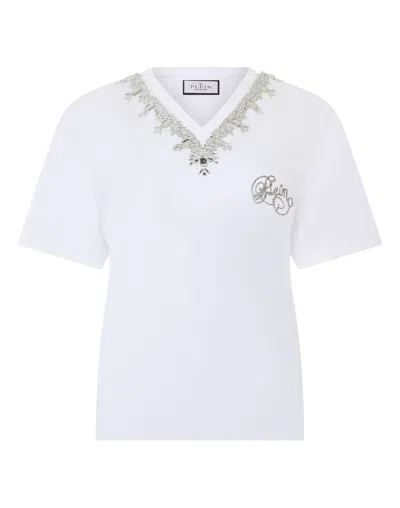 Philipp Plein Man Fit V-neck T-shirt Crystals In White