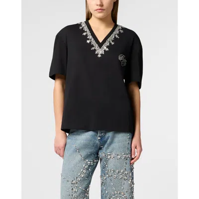 Philipp Plein Man Fit V-neck T-shirt Crystals Women In Black