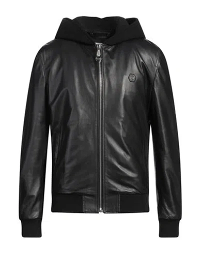 Philipp Plein Man Jacket Black Size L Shearling, Cotton, Polyester