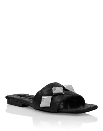 Philipp Plein Matelassè Sandals Flat Studs In Black