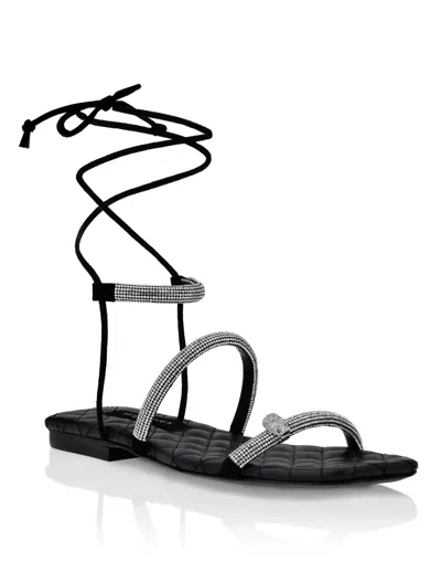 Philipp Plein Matelasse Sandals Flat With Crystals In Black