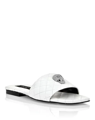 Philipp Plein Skull-embellished Quilted Leather Slides In White