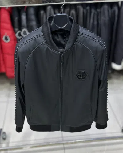 Pre-owned Philipp Plein Matte Black Studded Lambskin Men's Genuine Leather Bomber Jacket