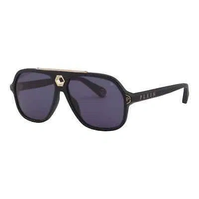 Pre-owned Philipp Plein Men Aviator Square Sunglasses Black Spp004m-0703 Blue Lens 61m In Gray