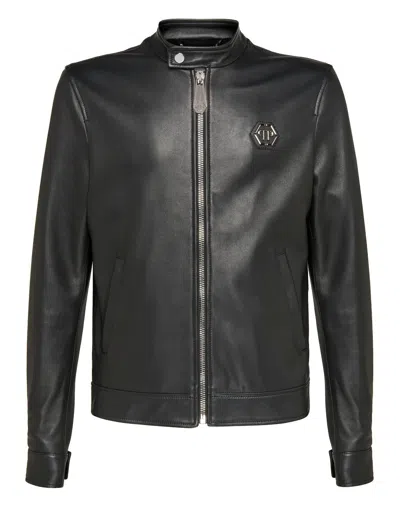 Pre-owned Philipp Plein Men's Black Lambskin Genuine Leather Slim Fit Jacket