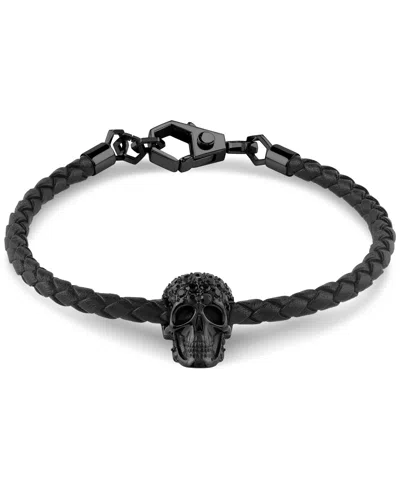 PHILIPP PLEIN MEN'S ELITE SKULL BLACK LEATHER BRACELET IN BLACK ION-PLATED STAINLESS STEEL