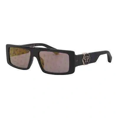 Pre-owned Philipp Plein Men Sunglasses Black Slim Rectangular Spp003m-703l Lens Print In Gray
