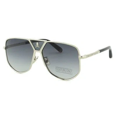 Pre-owned Philipp Plein Men Sunglasses Silver Titanium Aviator Spp009v-0579 Gradient In Gray