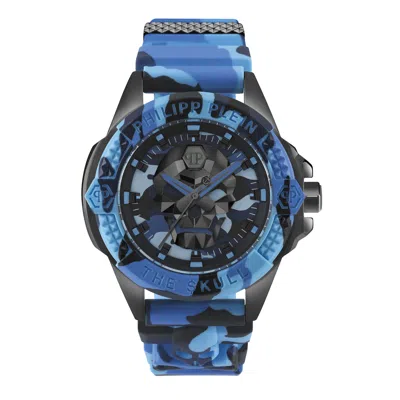 Pre-owned Philipp Plein Men's Watch Pwaaa1021 The Skull Gold Color Blue Camouflage