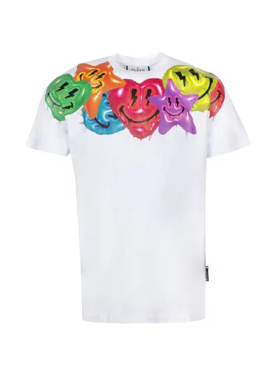 PHILIPP PLEIN MEN'S WHITE SMILEY FACE PRINT COTTON T-SHIRT