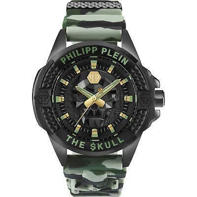 Pre-owned Philipp Plein Mens Wristwatch  The Skull Pwaaa0821 Silicone Camouflage Black