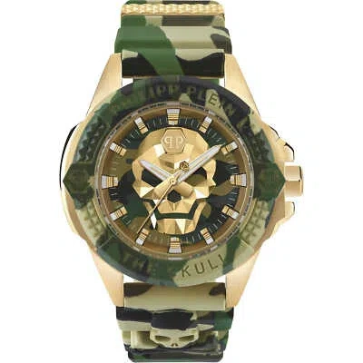 Pre-owned Philipp Plein Mens Wristwatch  The Skull Pwaaa0921 Silicone Camouflage Golden