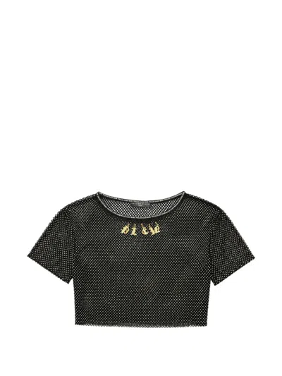Philipp Plein Mesh Cropped Top Crystal-charms In Black