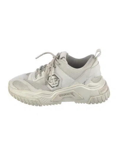 Pre-owned Philipp Plein Mesh Leather Trim Embellishment Chunky Sneakers In Metallic/white