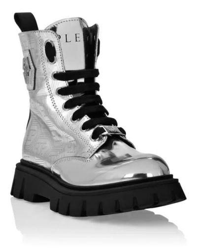 Philipp Plein Kids'  Mid Boots Hexagon Monogram Girl In Silver