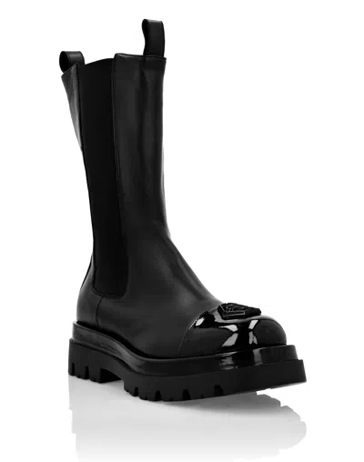 Philipp Plein Mid Flat Boots Hexagon In Black