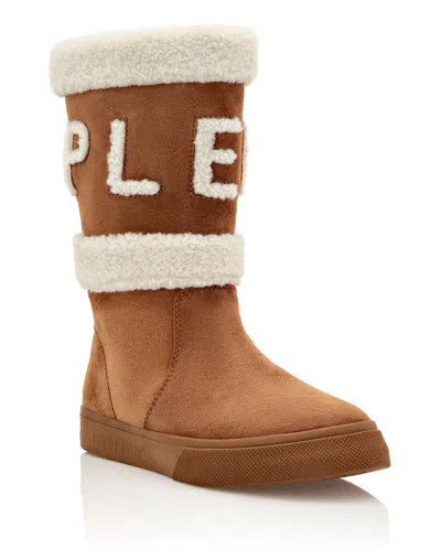 Philipp Plein Mid-flat Boots Skull & Bones In Beige