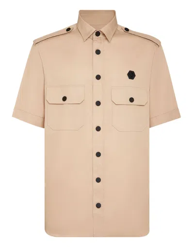 Philipp Plein Plein Gothic Cotton Military Shirt In Beige