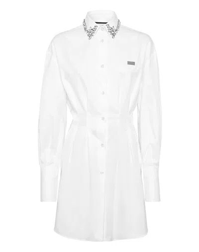 Philipp Plein Mini Shirt Dress Ls Strass In White