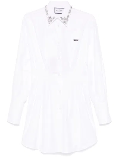 Philipp Plein Long Sleeve Mini Shirt Dress In White