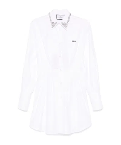 Philipp Plein Long Sleeve Mini Shirt Dress In White
