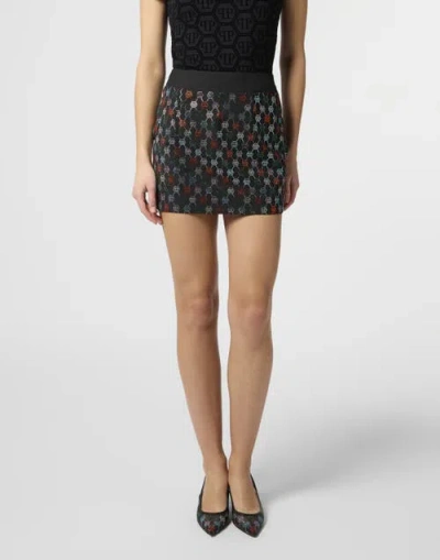 Philipp Plein Mini Skirt Multicolor Monogram Strass Women In Black