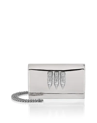 Philipp Plein Mirror Leather Clutch In Silver
