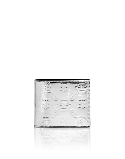 Philipp Plein Mirror Leather French Wallet Monogram In Metallic