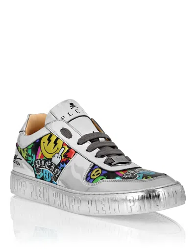 Philipp Plein Mirror Leather Lo-top Sneakers Smile In Silver