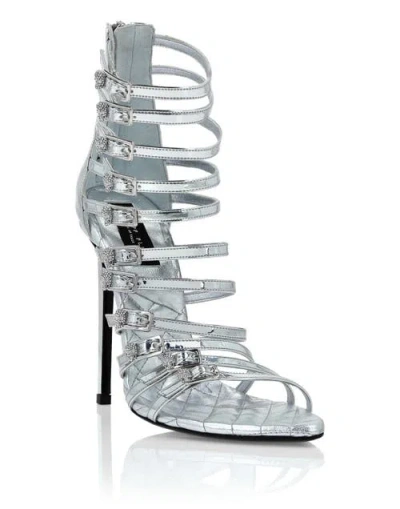 Philipp Plein Mirror Leather Sandals High Plein Heels Skull Women In Silver