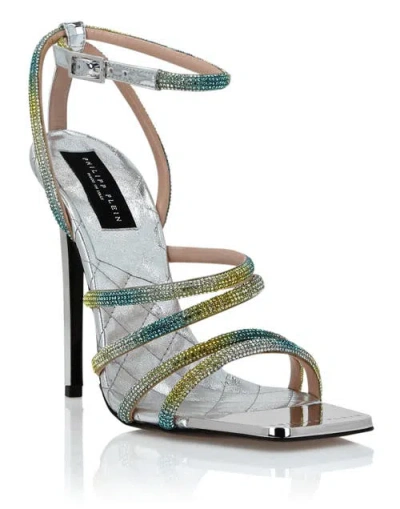 Philipp Plein Mirror Leather Sandals Hi-heels Crystal Women In Silver