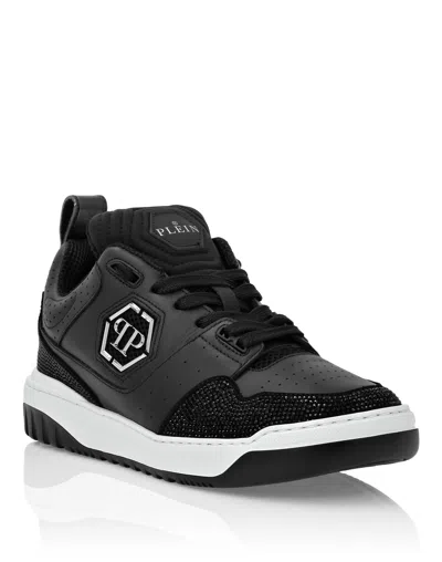 Philipp Plein Mix Leather Lo-top Sneakers Crystal In Black