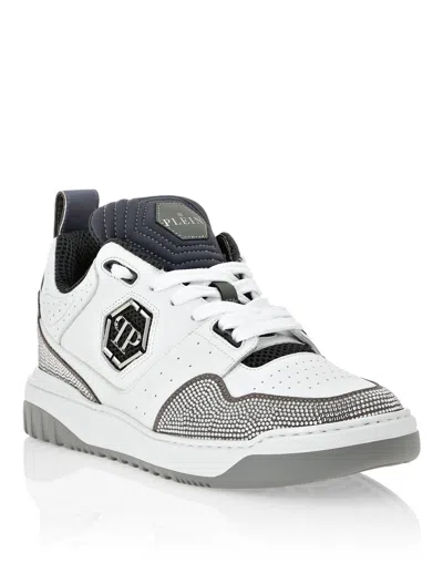 Philipp Plein Mix Leather Lo-top Sneakers Crystal In White