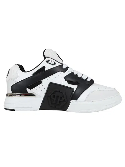 Philipp Plein Mix Leather Lo-top Sneakers In White Black
