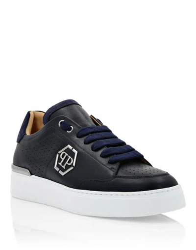 Philipp Plein Mix Leather Lo-top Sneakers Luxe Unisex In Blue