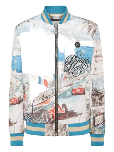 Philipp Plein Monaco Cote D'azur Satin Bomber Jacket In White