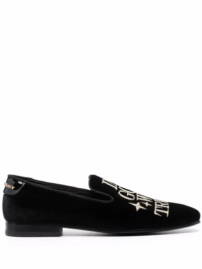 Philipp Plein Money-embroidered Velvet Loafers In Black