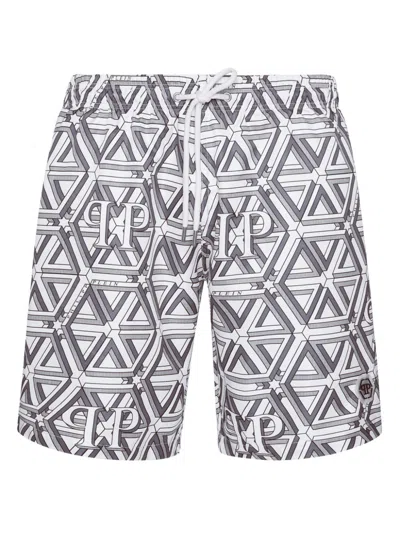 Philipp Plein Monogram Boxer Swim Shorts In White