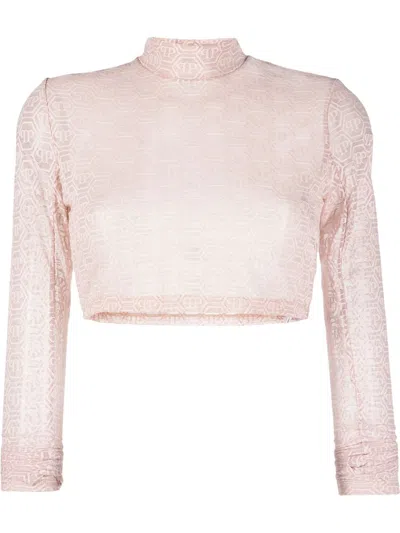 Philipp Plein Monogram Cropped Tulle Top In Pink