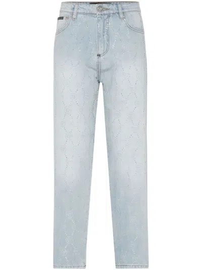 Philipp Plein Monogram Crystal-embellished Jeans In Blue