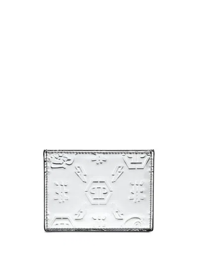 Philipp Plein Monogram-debossed Leather Cardholder In Silver