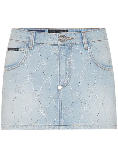 Philipp Plein Monogram Denim Skirt In Blue