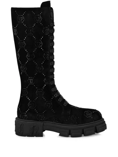 Philipp Plein Monogram-embellished Suede Boots In 黑色