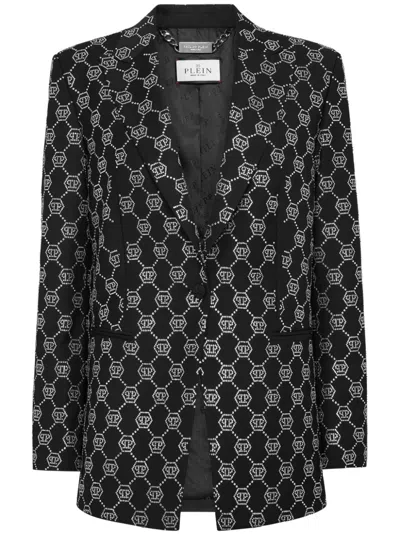 Philipp Plein Monogram-embellished Wool Blazer In Black