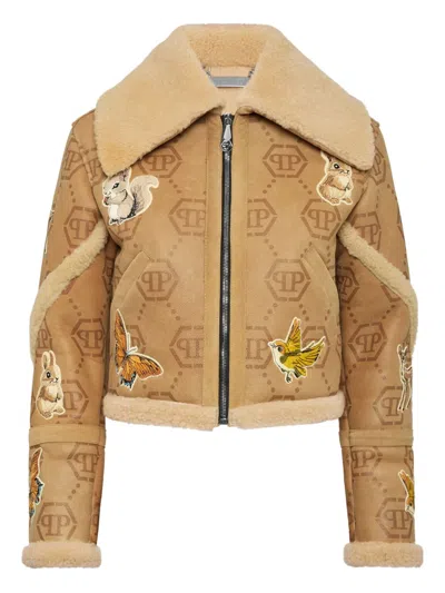 Philipp Plein Monogram Embroidered Shearling Jacket In Neutral